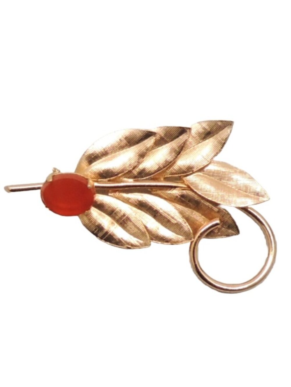 Vintage 1950s Signed Napier Florentine Finish Leaves & Faux-Carnelian Brooch